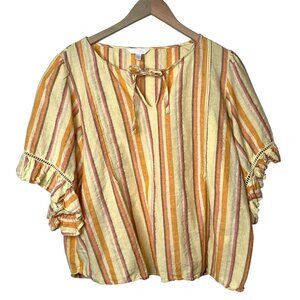 Lauren Conrad Yellow Orange Striped Ruffle Sleeve Linen Blend Tunic Blouse XXL